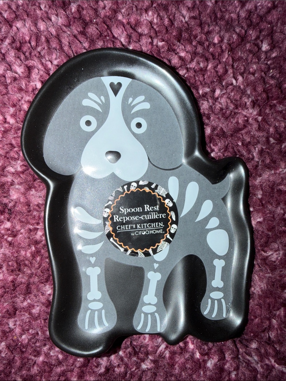 Halloween Dog Spoon Rest- Black and Gray with skeleton bones
